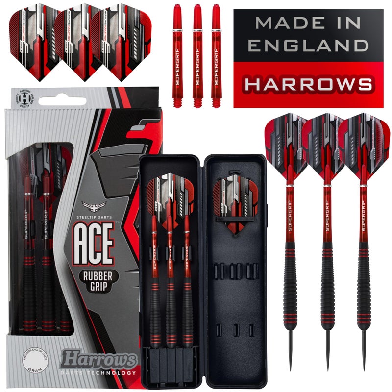 Harrows Ace Rubber Brass Steel Tip Darts Set 20g, 22g, 24g & 26g - Includes Supergrip Shafts, Micron Marathon Flights & Convenient Travel Case 24g - Image 1